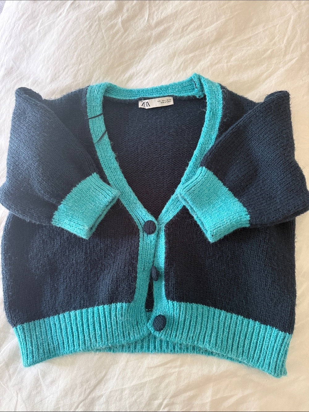 Zara Navy Cardigan with Teal Trim V-Neck Button Front